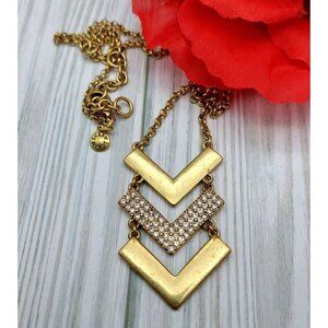 Long Gold Tone J. Crew Chevron Rhinestone Pendant Necklace 32" Rolo Chain